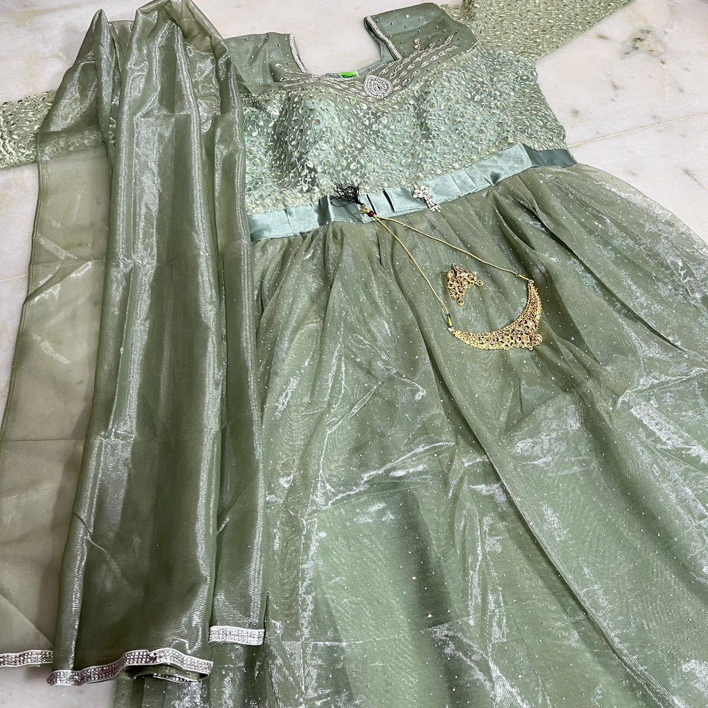 Sage green anarkali gown with embroidered bodice , dupatta & pant