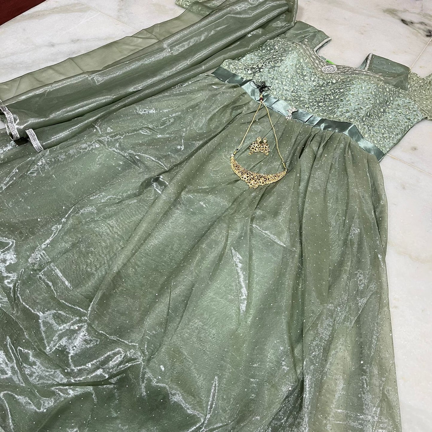 Sage green anarkali gown with embroidered bodice , dupatta & pant