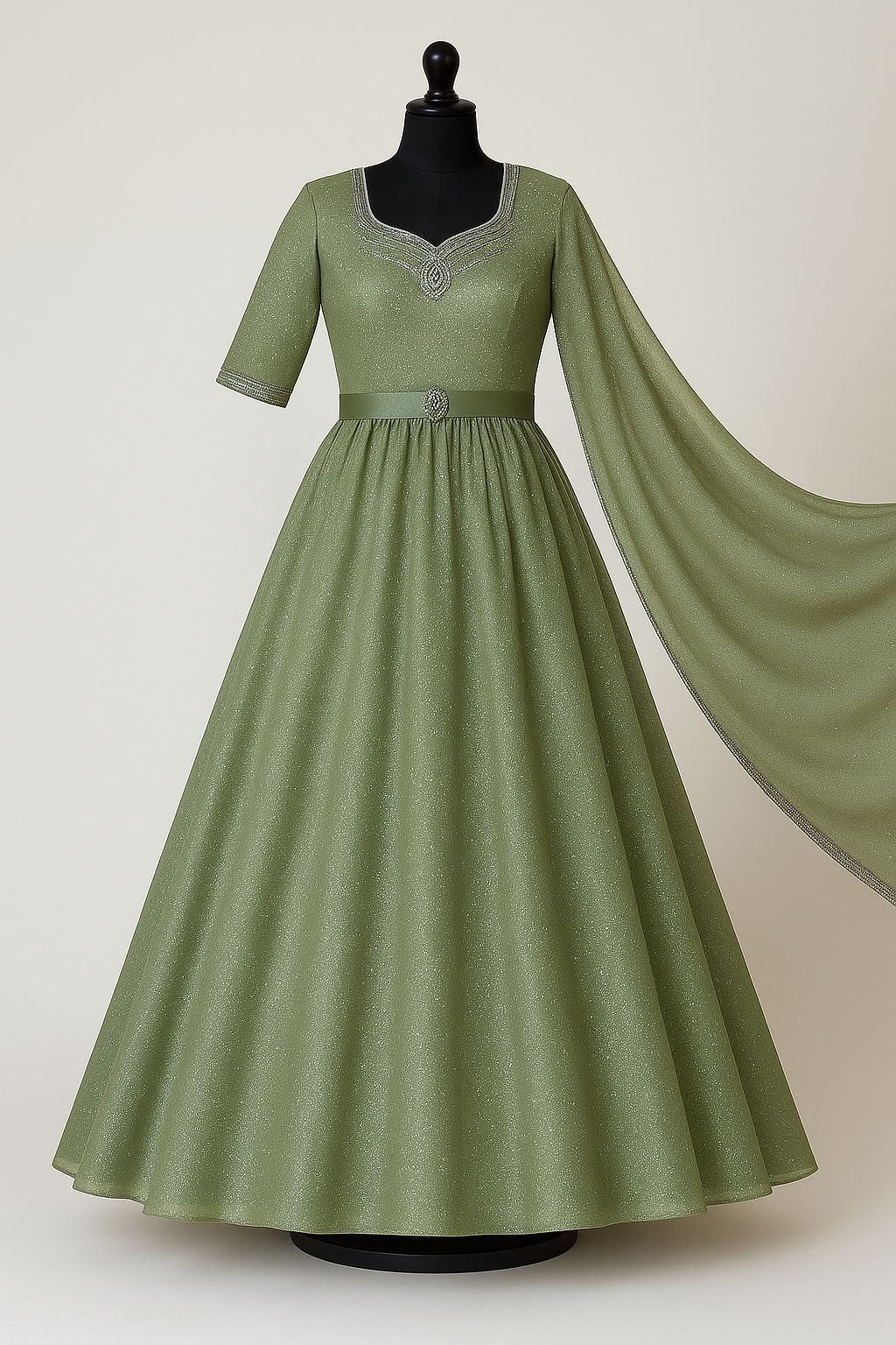 Sage green anarkali gown with embroidered bodice , dupatta & pant