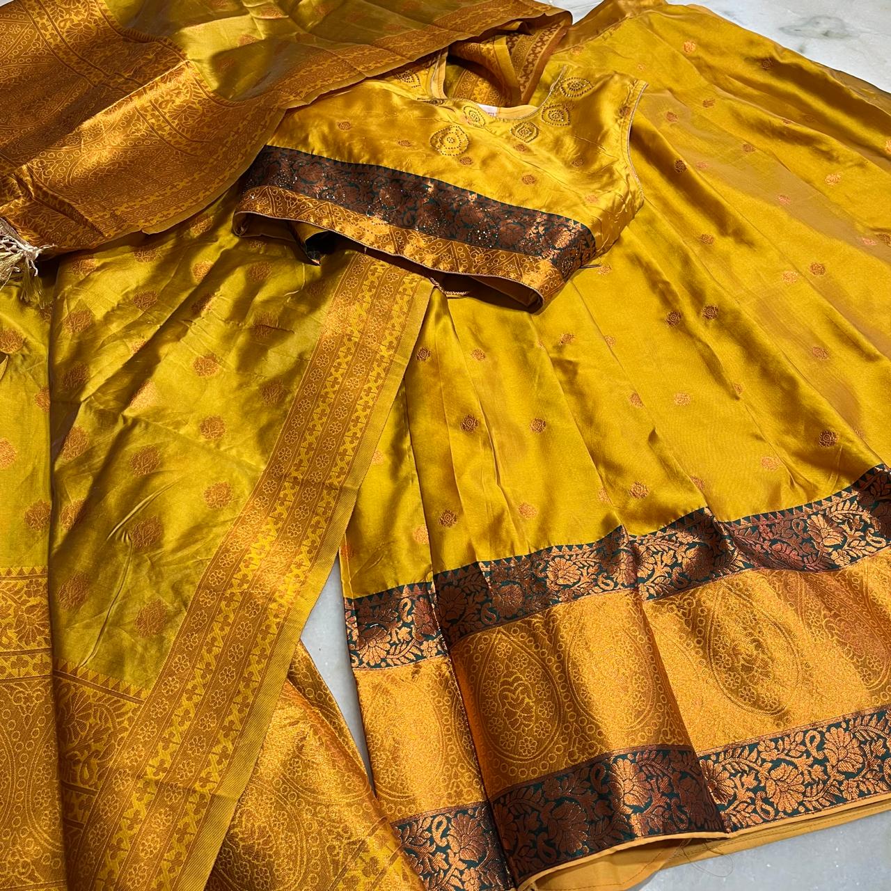 Traditional Mustard Gold , zari woven silk lehenga , choli , dupatta & belt set
