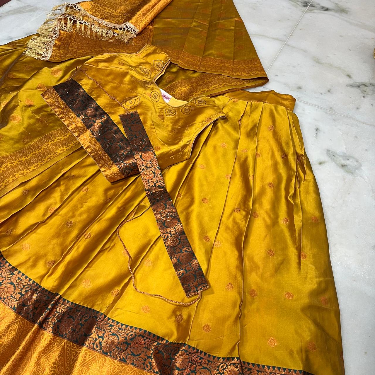 Traditional Mustard Gold , zari woven silk lehenga , choli , dupatta & belt set