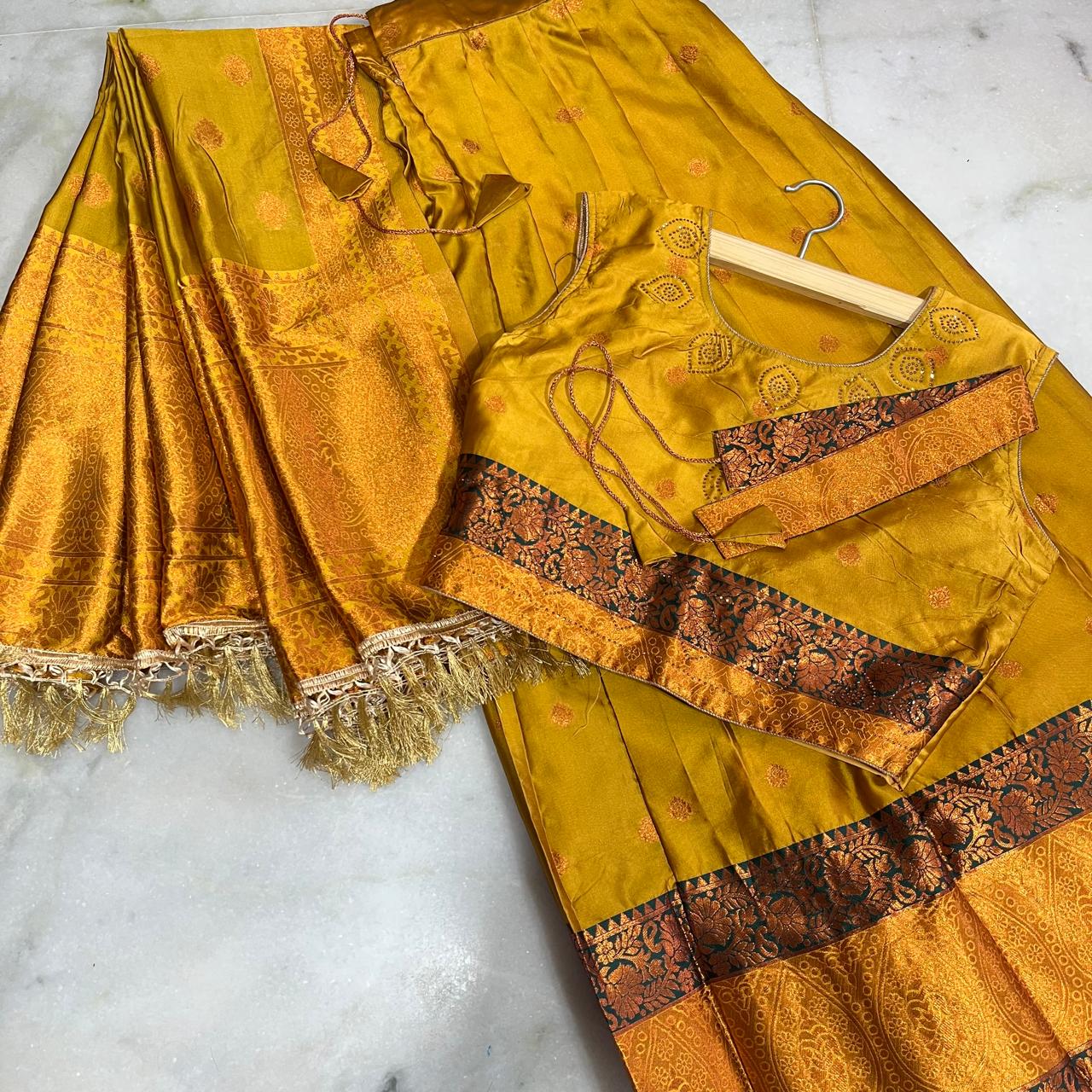 Traditional Mustard Gold , zari woven silk lehenga , choli , dupatta & belt set