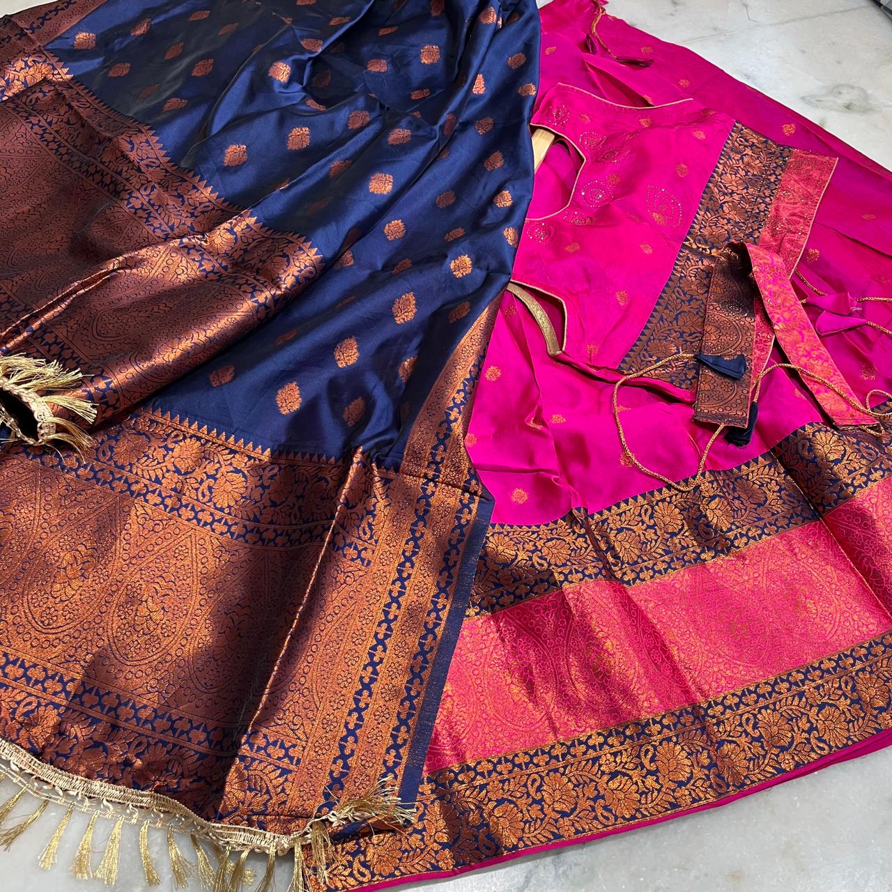 Traditional royal pink and navy blue lehenga choli with rich zari woven borders and belt