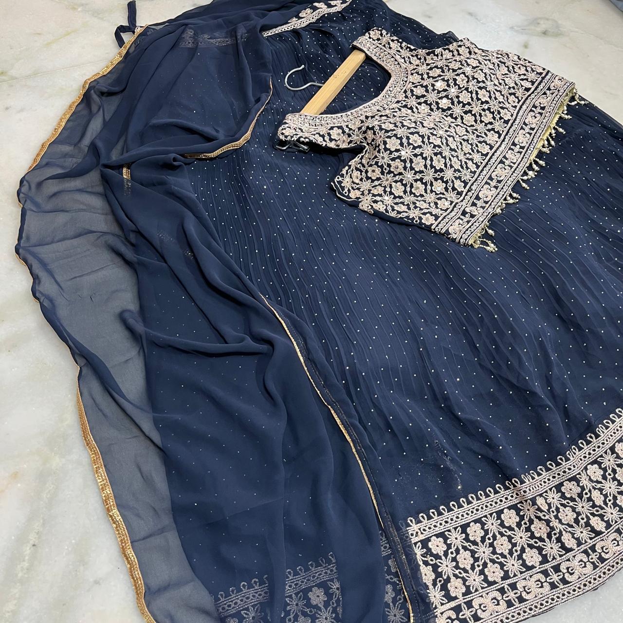 Navy blue embroidered lehenga choli with dupatta