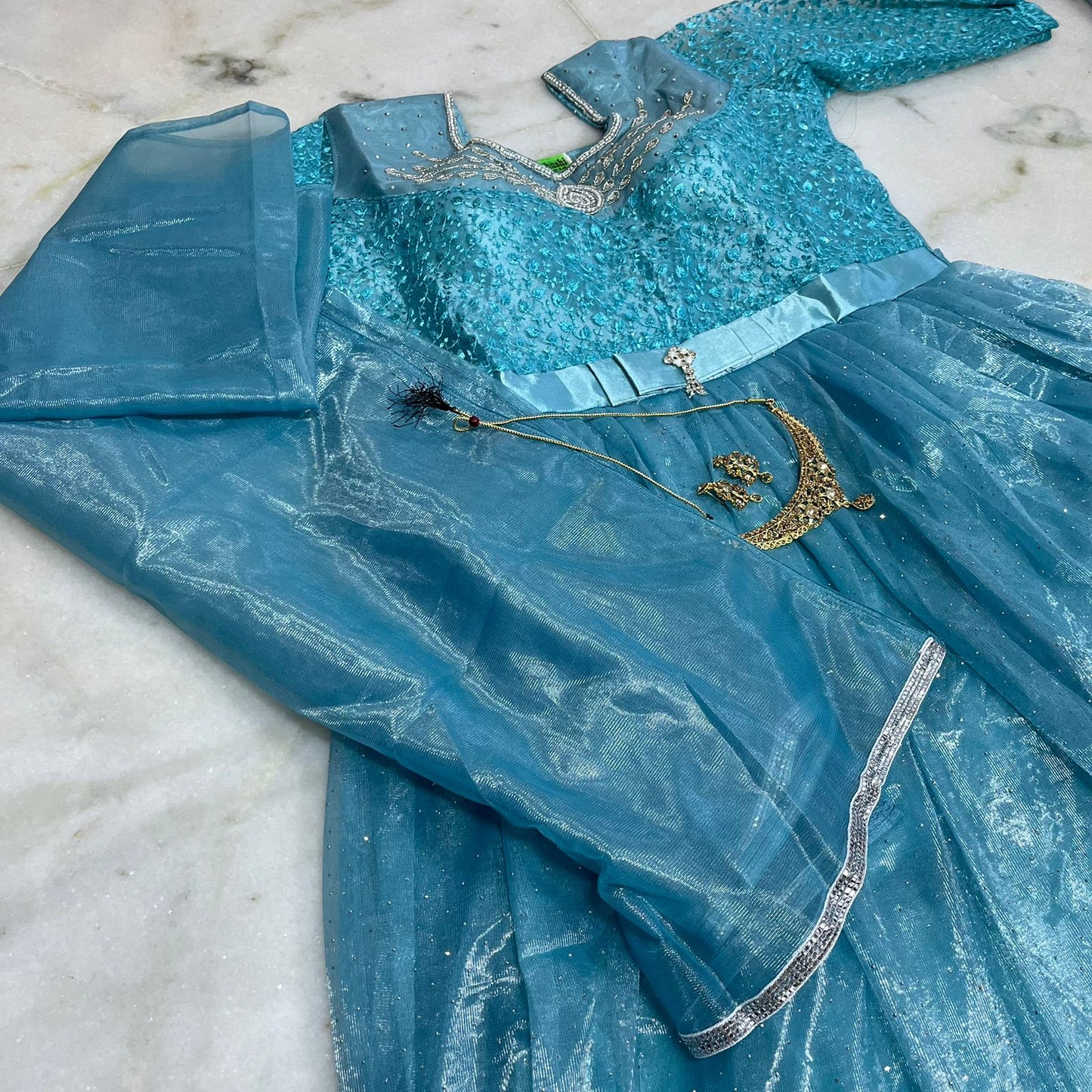 Sky blue anarkali gown with embroidered bodice , dupatta & pants