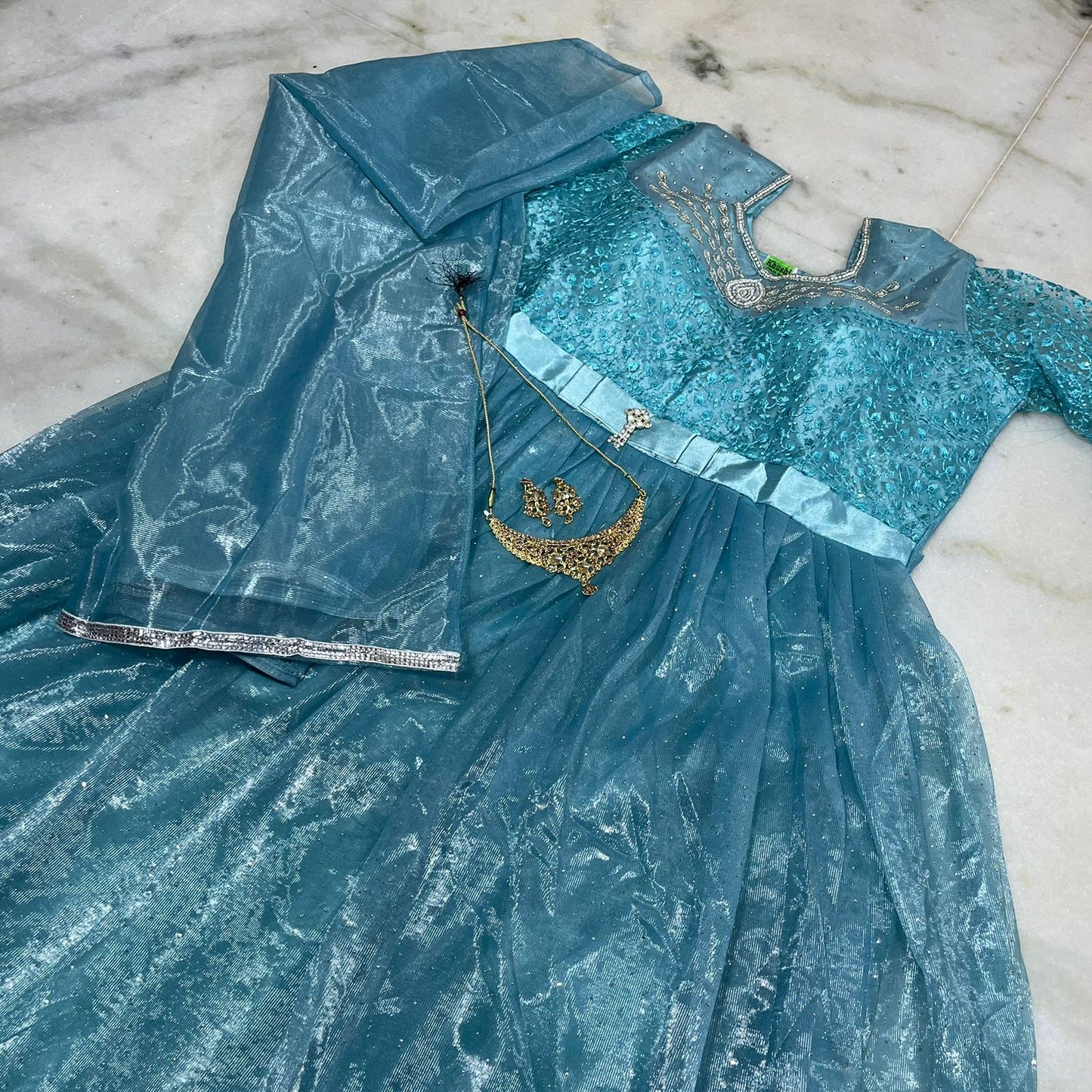 Sky blue anarkali gown with embroidered bodice , dupatta & pants