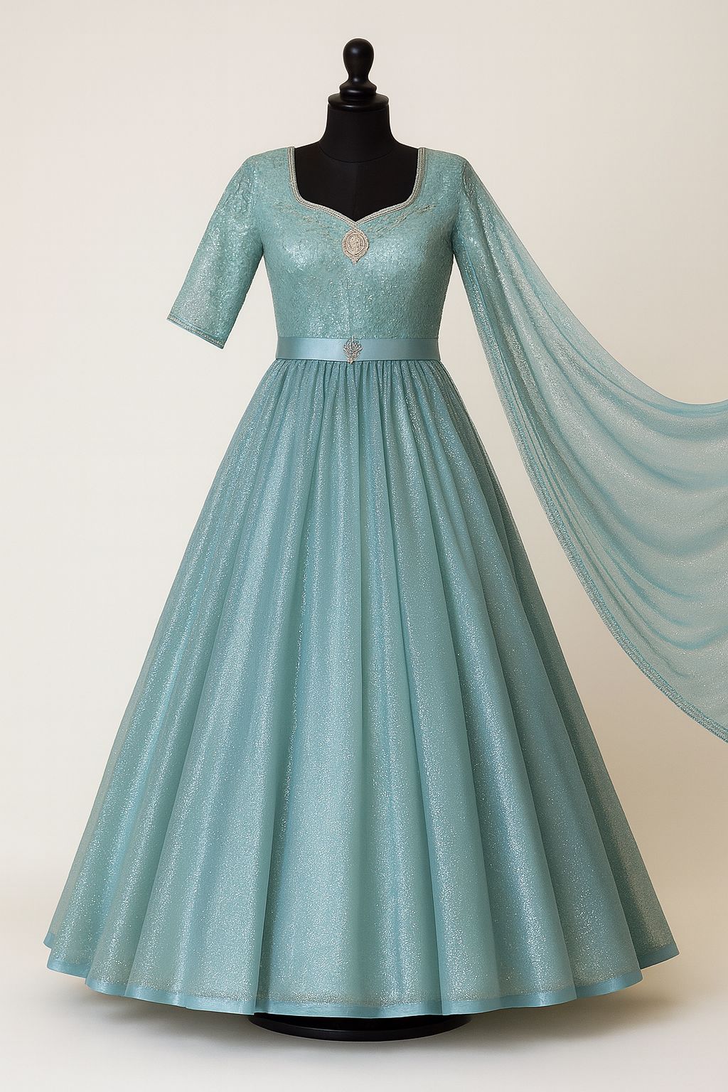 Sky blue anarkali gown with embroidered bodice , dupatta & pants
