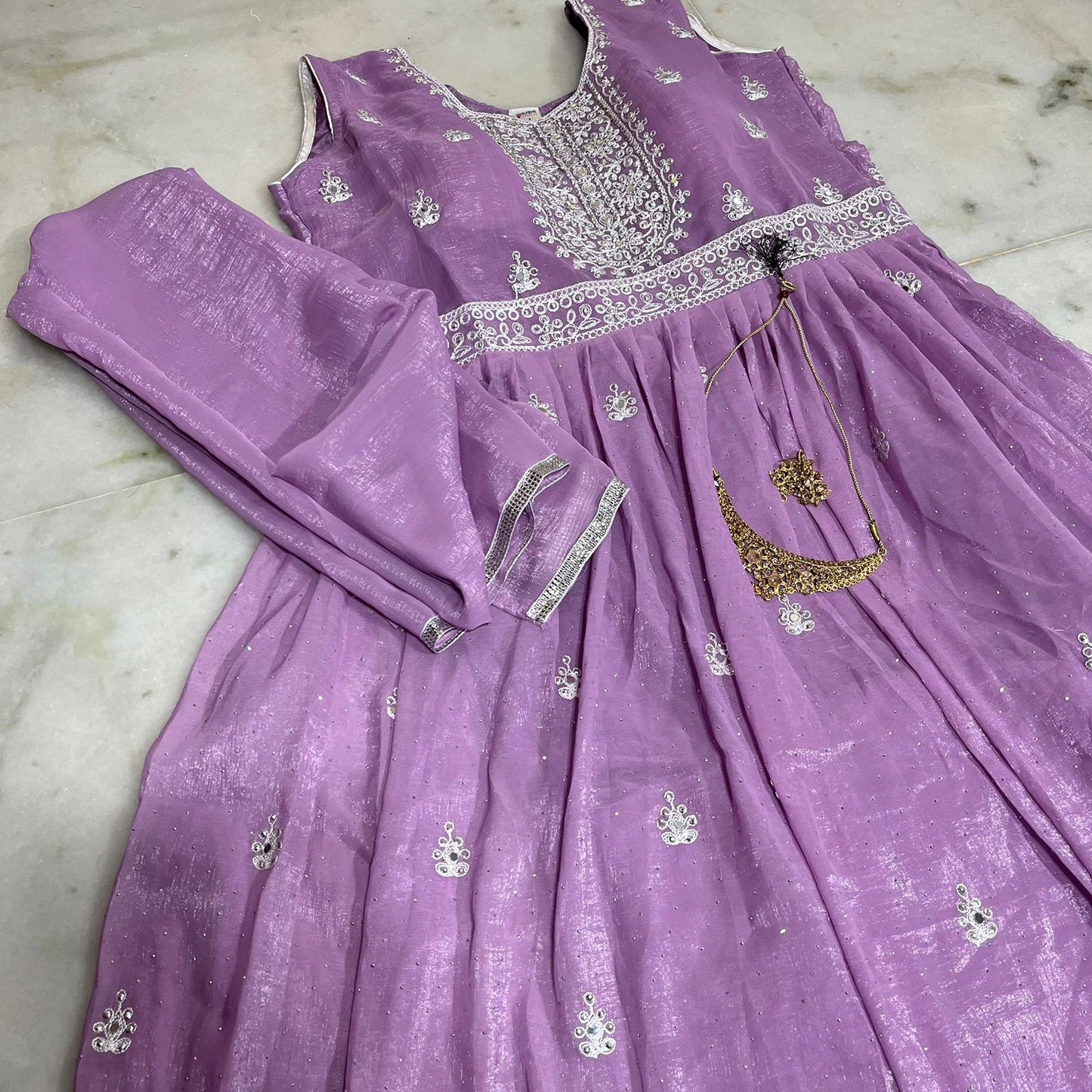 Lavender embroidered silk anarkali suit with dupatta & pants
