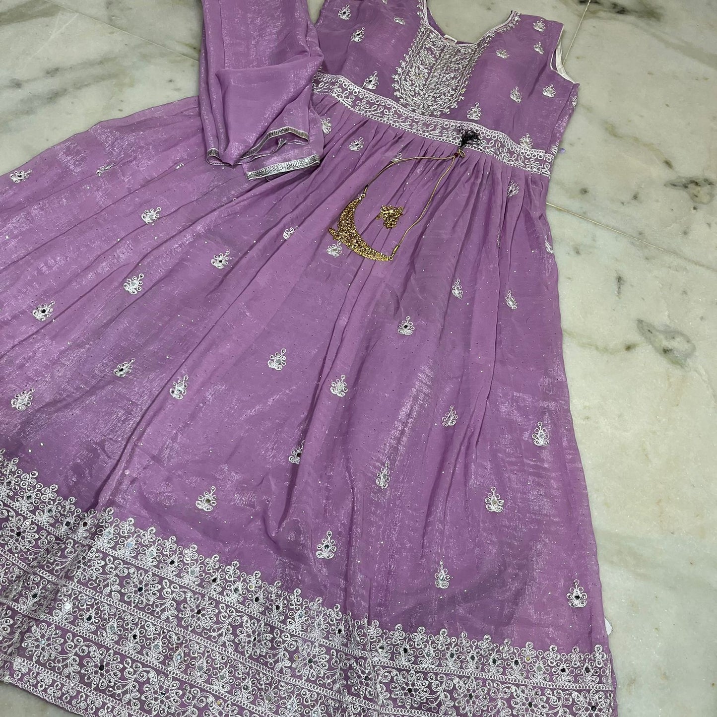 Lavender embroidered silk anarkali suit with dupatta & pants