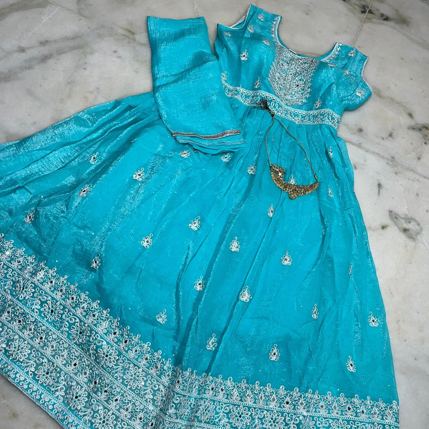 Aqua blue embroidered silk anarkali suit with dupatta & pant