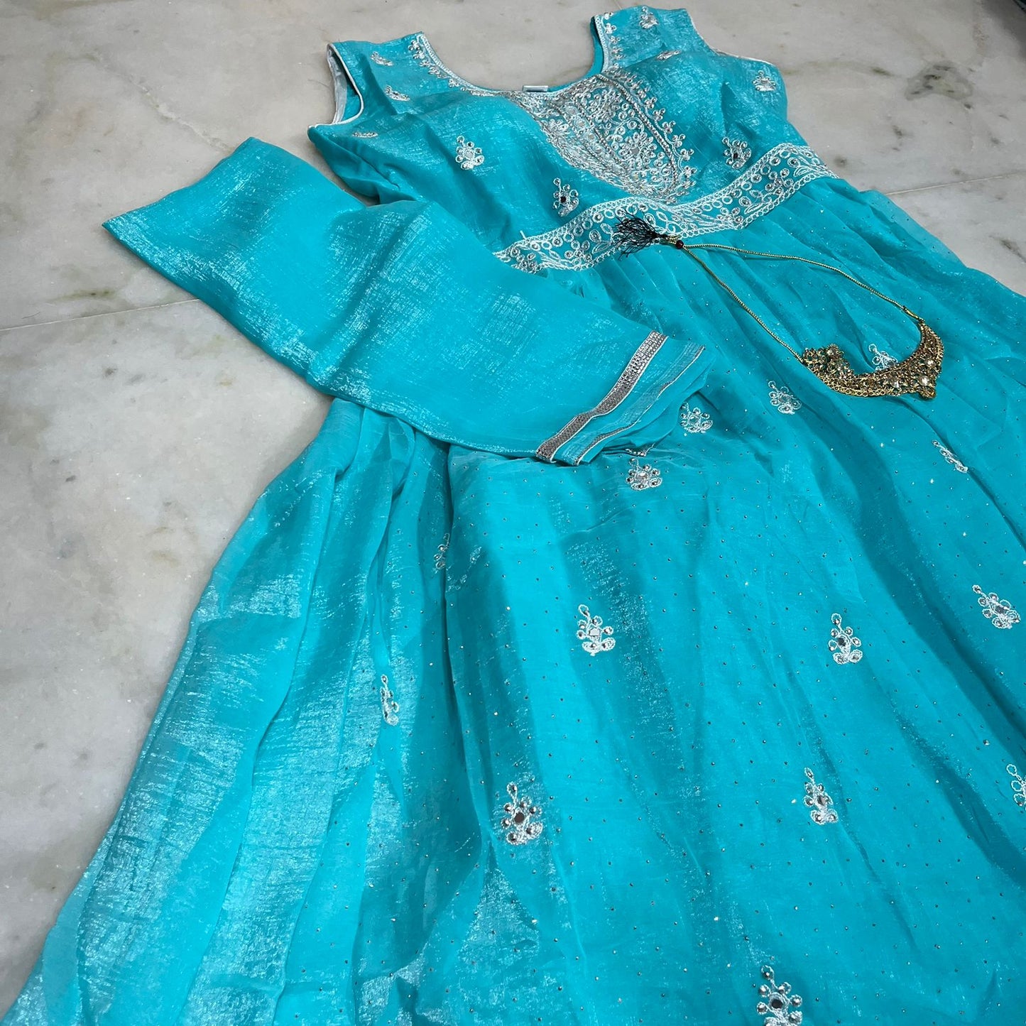 Aqua blue embroidered silk anarkali suit with dupatta & pant