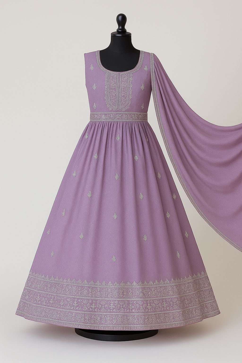 Lavender embroidered silk anarkali suit with dupatta & pants