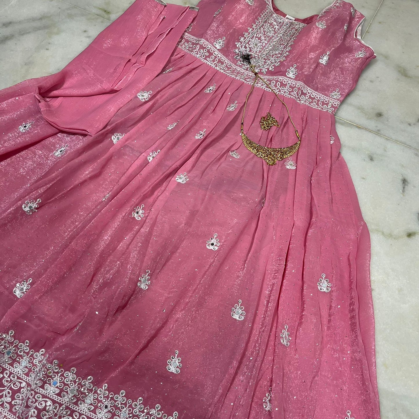 Rose pink embroidered silk anarkali suit with dupatta & pant