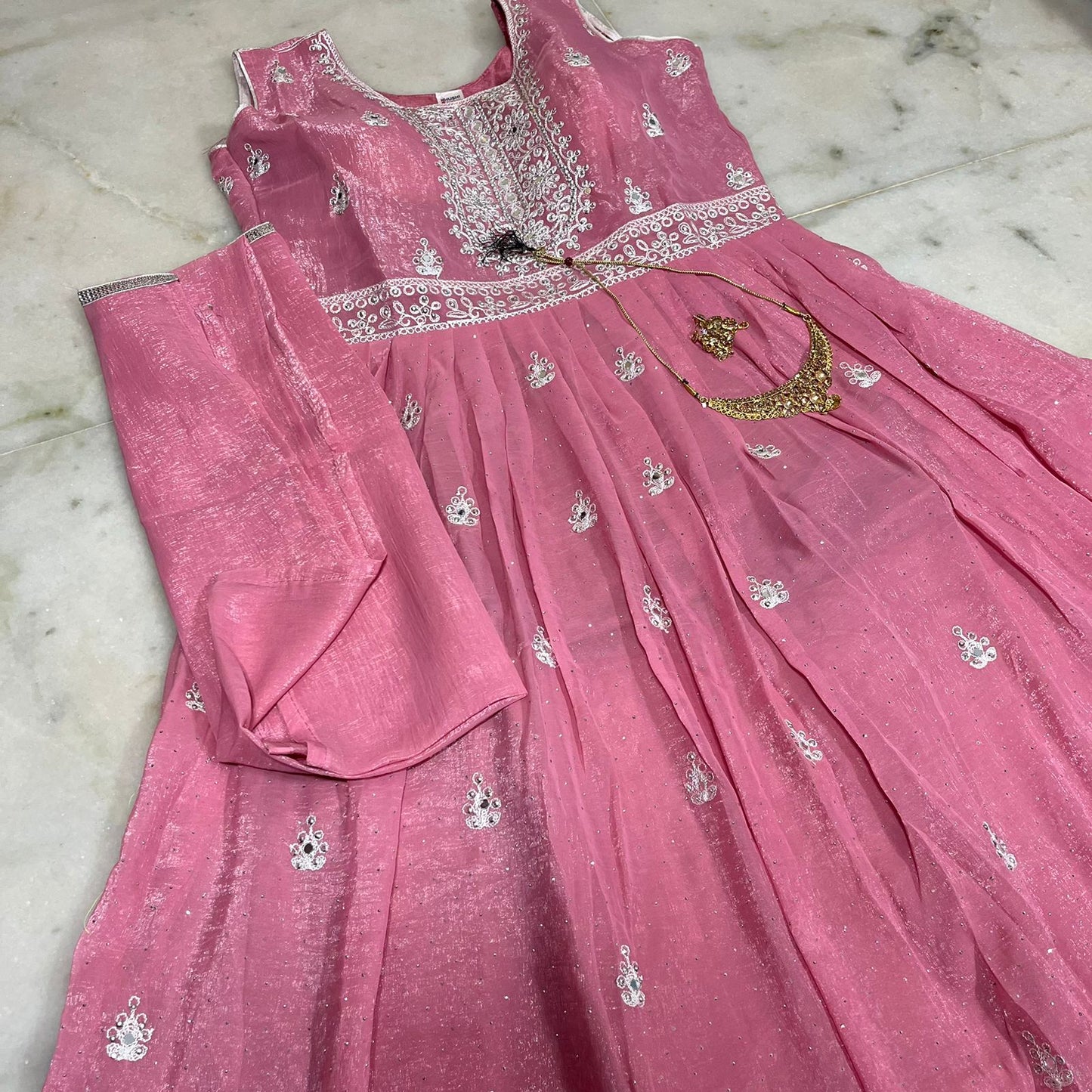 Rose pink embroidered silk anarkali suit with dupatta & pant