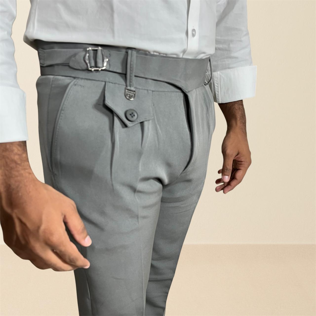 Men's light grey gurkha pants | premium formal trousers with side buckles & pleated design