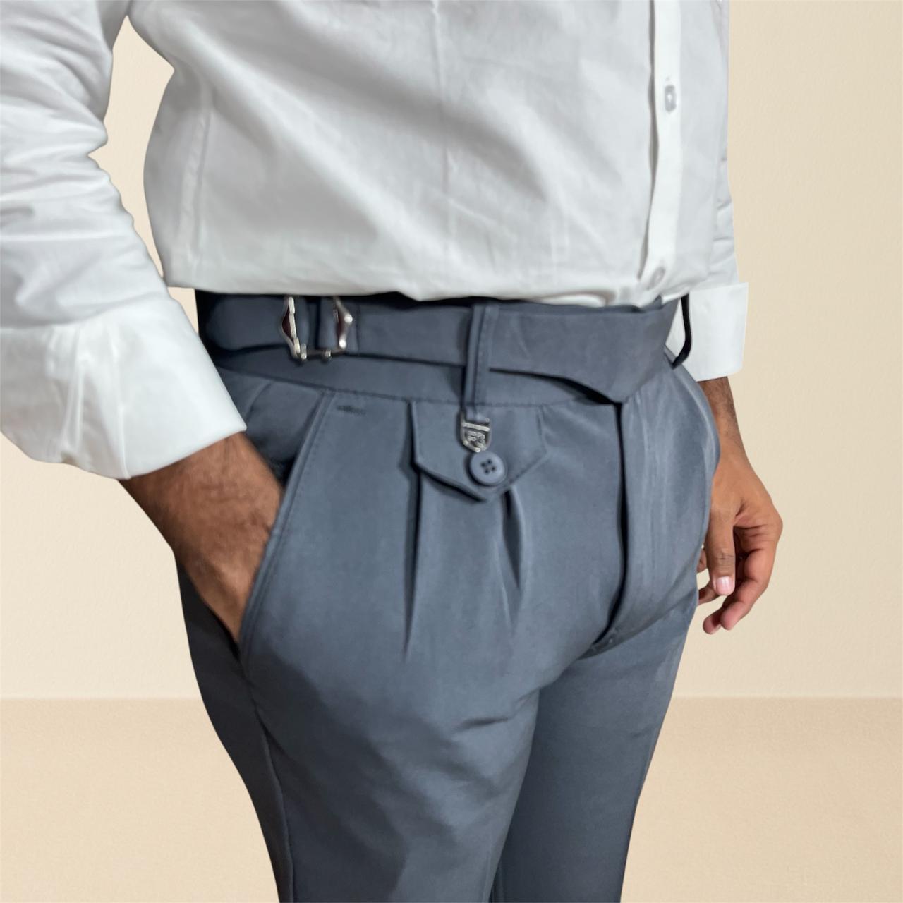 Men's charcoal grey gurkha pants | premium formal trousers with single side buckle & pleated design