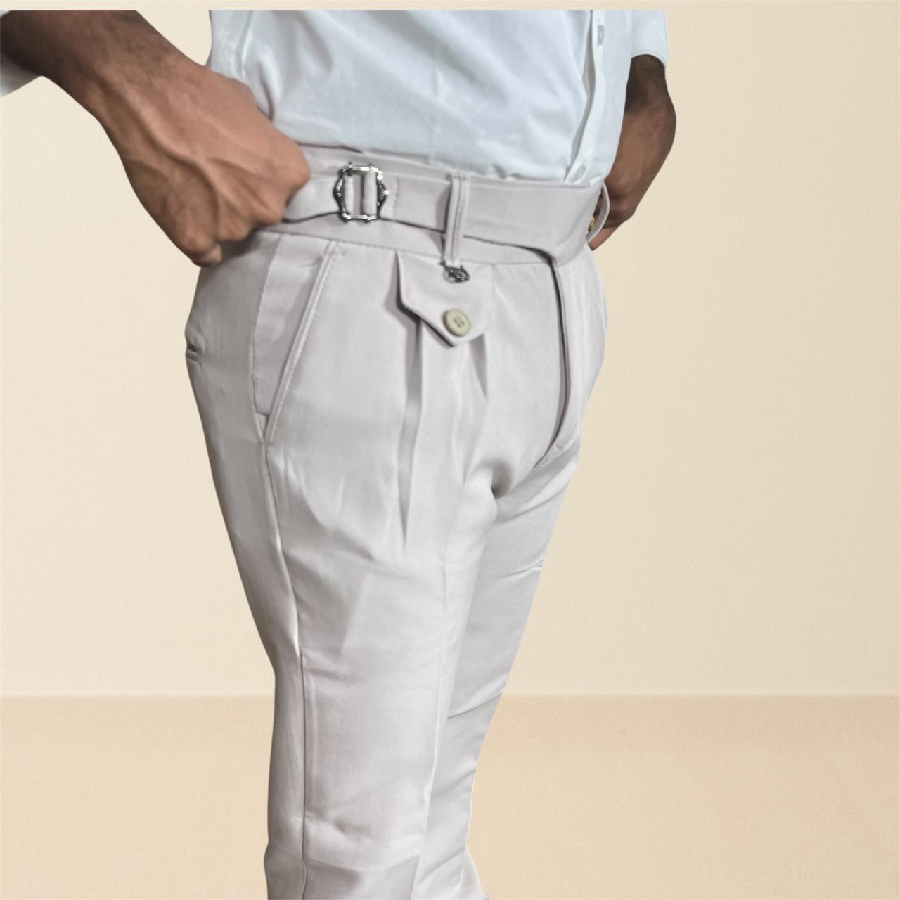Men's beige gurkha pants | premium formal trousers with single buckle & pleated design