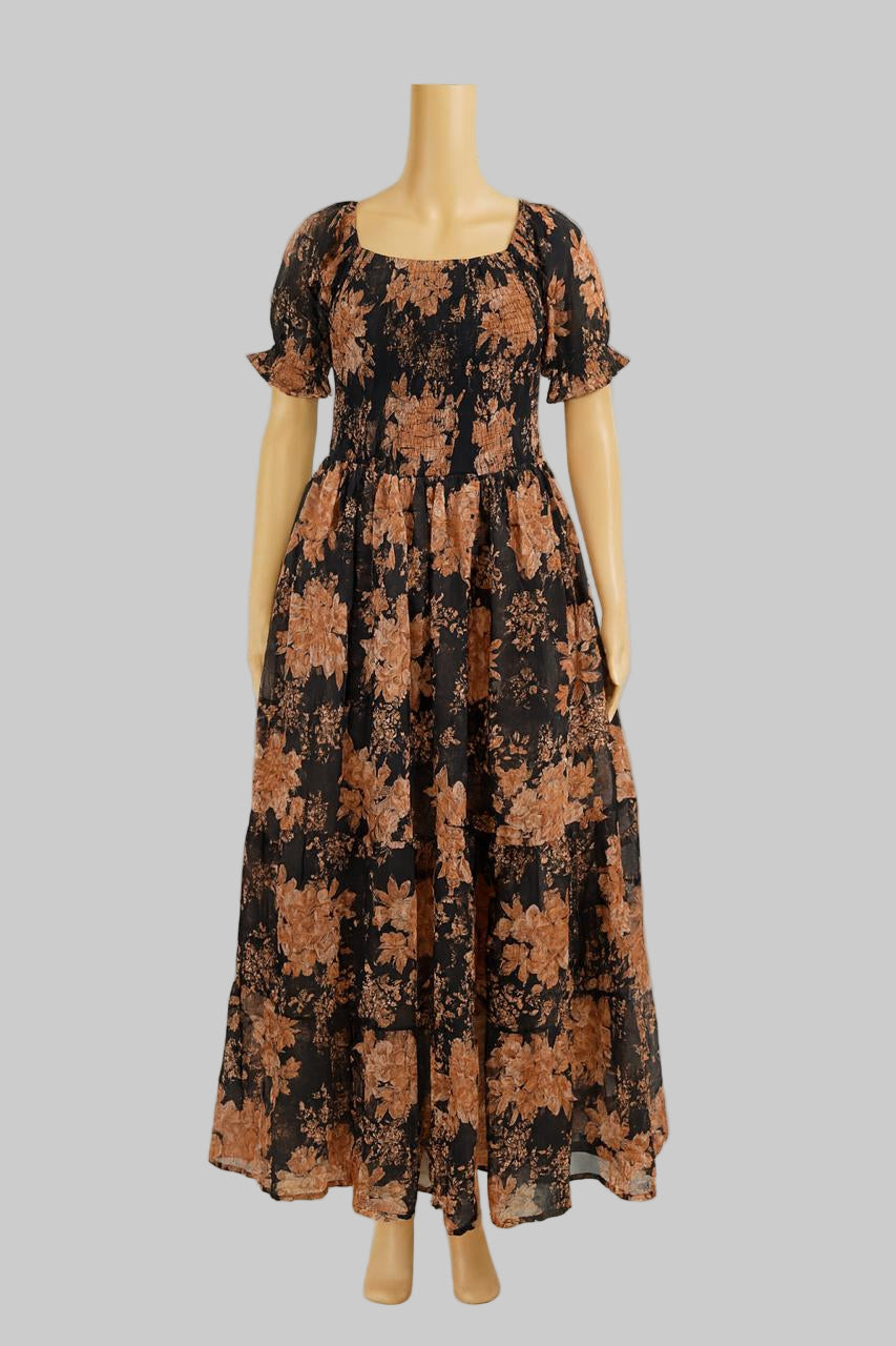 Women's black printed sundress with puff sleeve