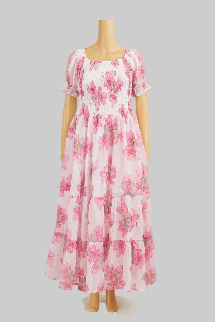 Women's white & pink flower printed sundress with puff sleeve