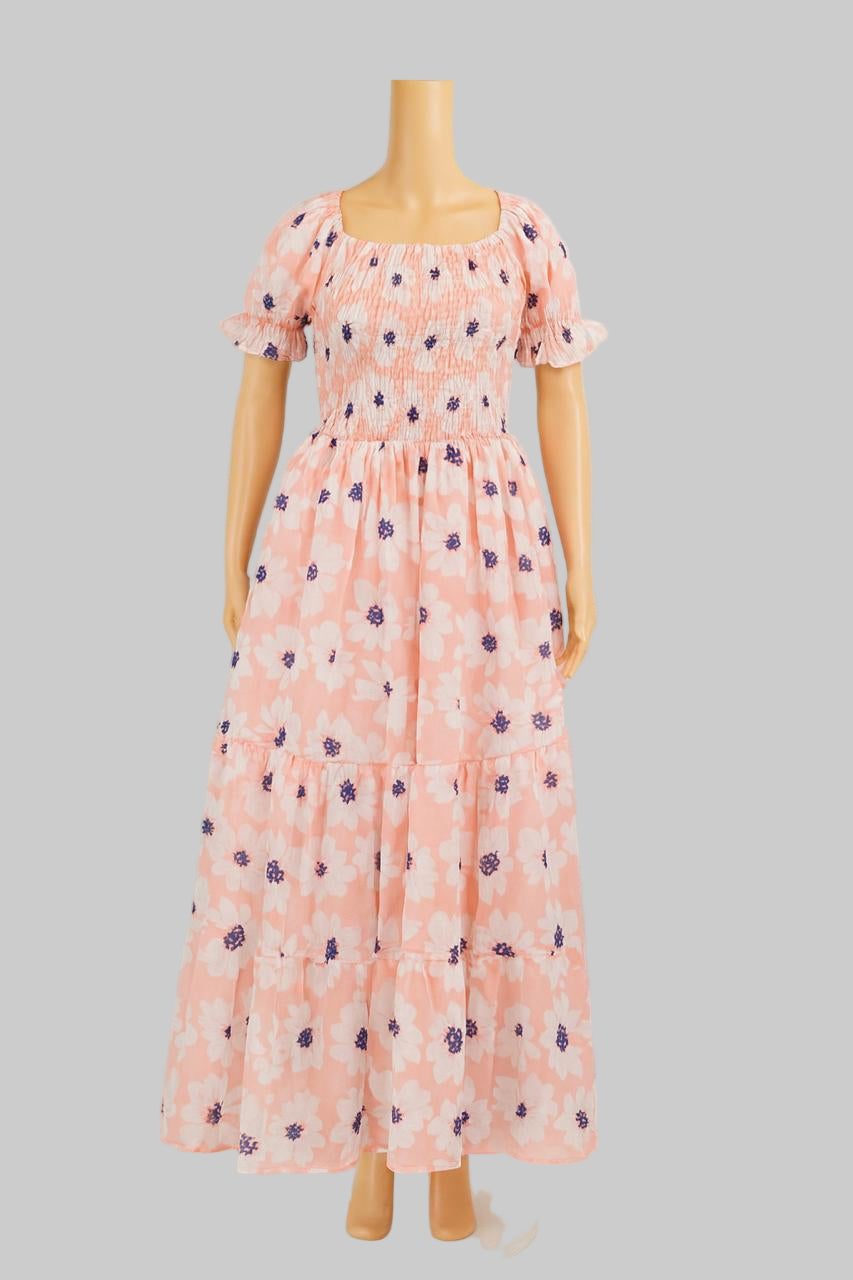 Women's mild orange printed sundress with puff sleeve