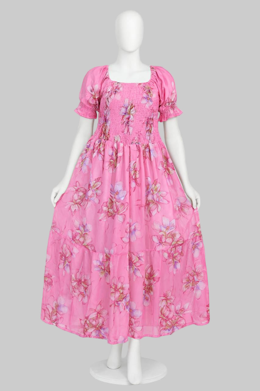 Women's pink printed sundress with puff sleeve