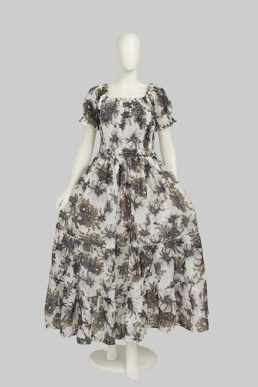 Women's grey & black printed sundress with puff sleeve