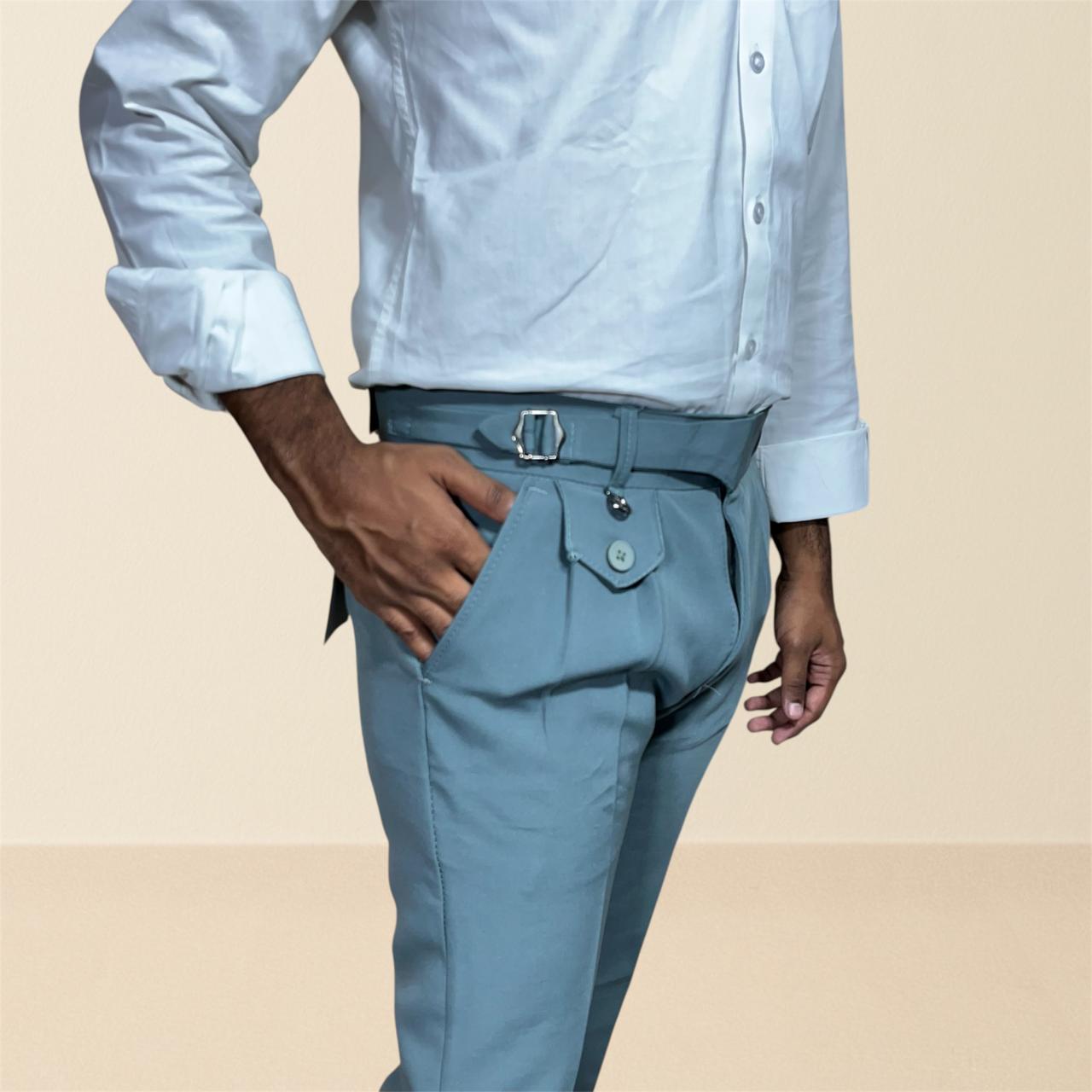 Men's pastel teal gurkha pants | premium formal trousers with single side buckle & pleated design