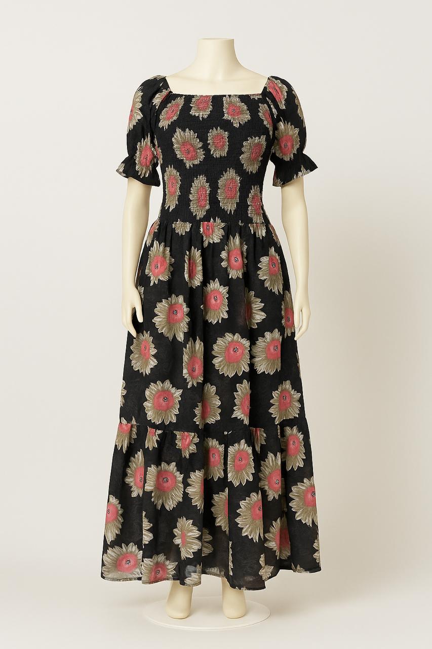 Women's black flower printed sundress with puff sleeve