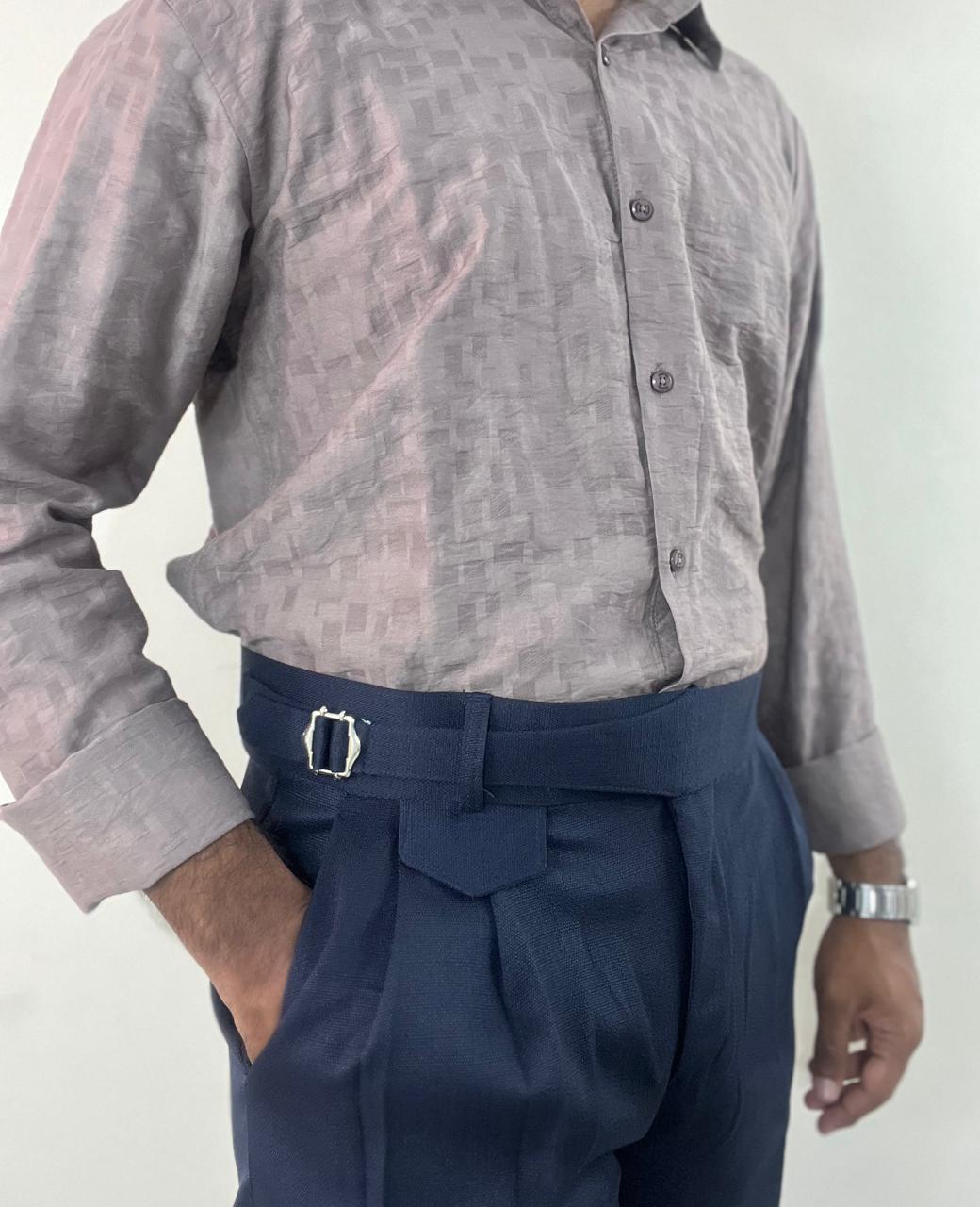 Mauve taupe textured self-design shirt & Navy blue linen Gurkha pants set