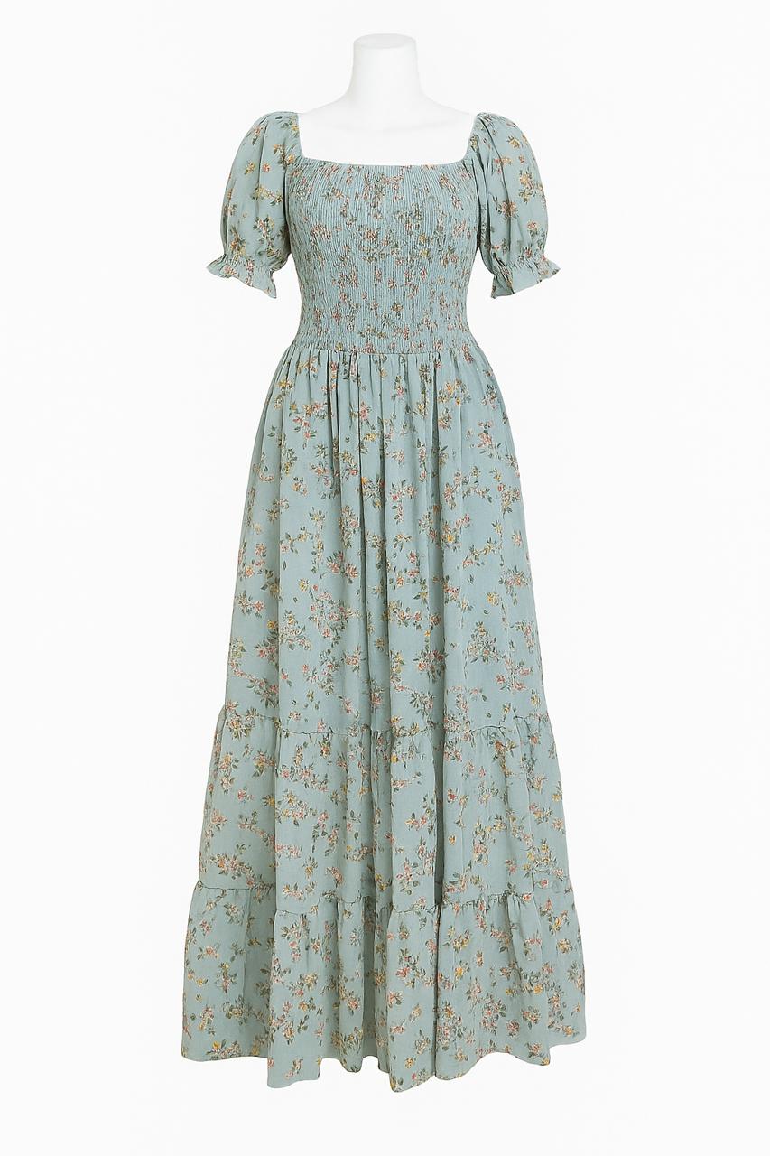 Women's matt blue printed sundress with puff sleeve
