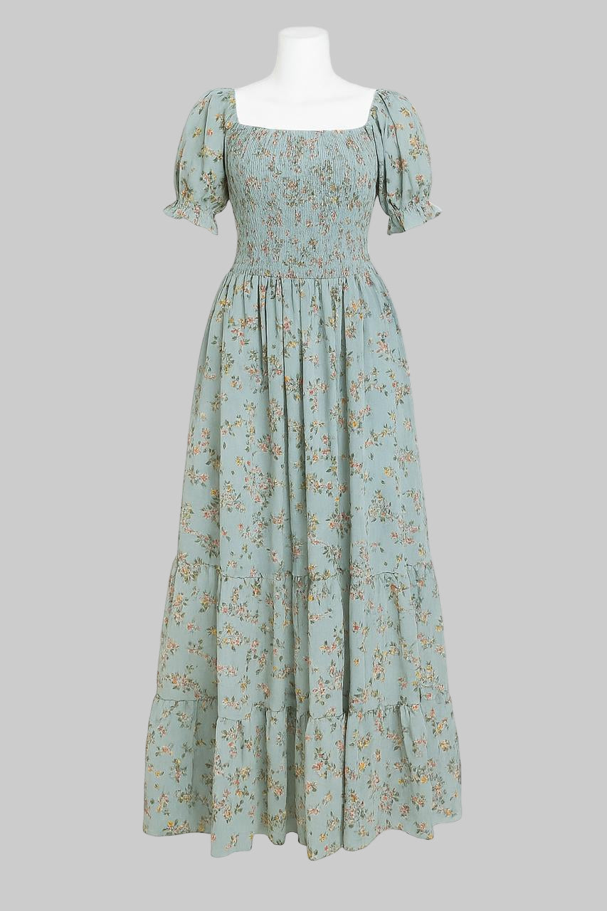 Women's matt blue printed sundress with puff sleeve