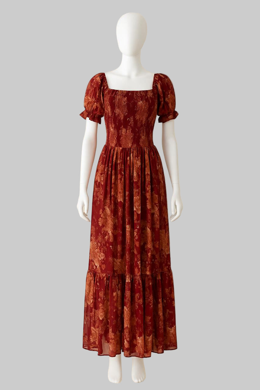 Women's maroon printed sundress with puff sleeve