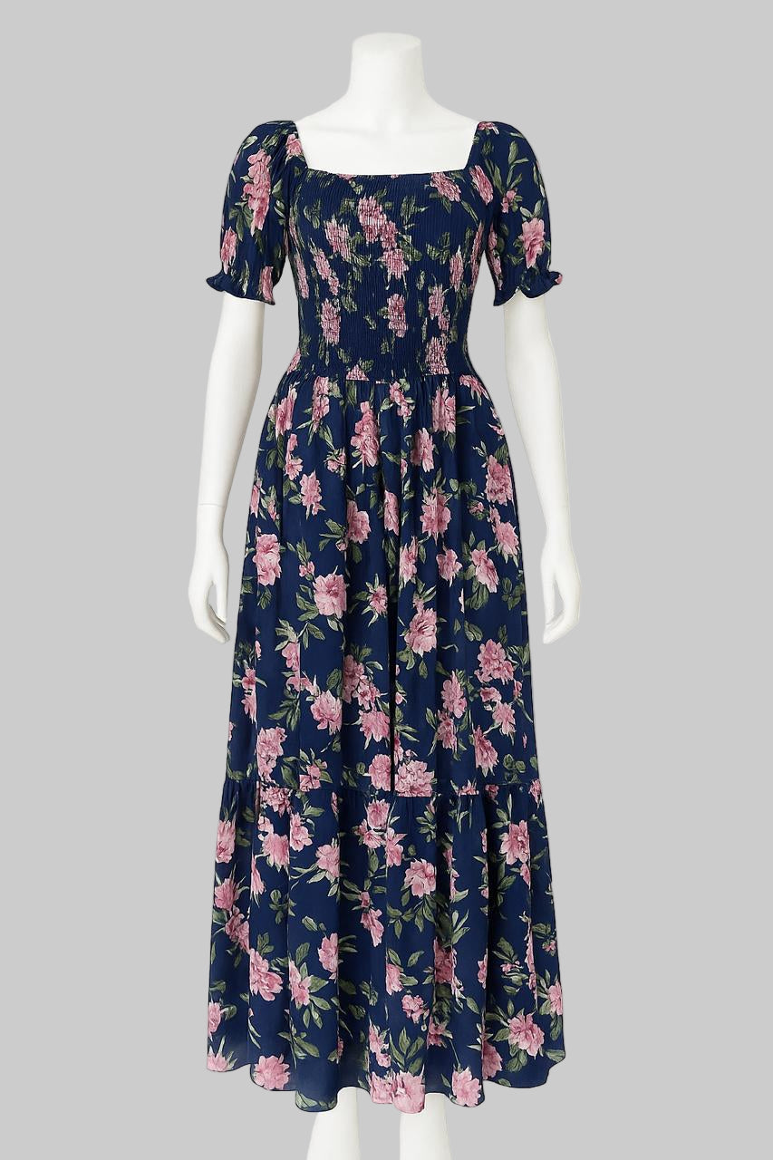 Women's navy blue printed sundress with puff sleeve