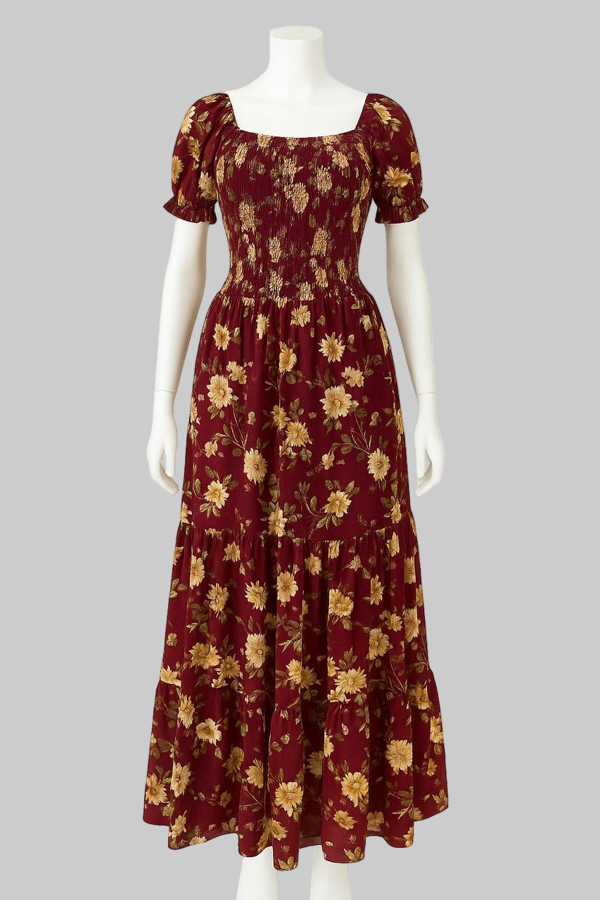 Women's maroon leaf printed sundress with puff sleeve