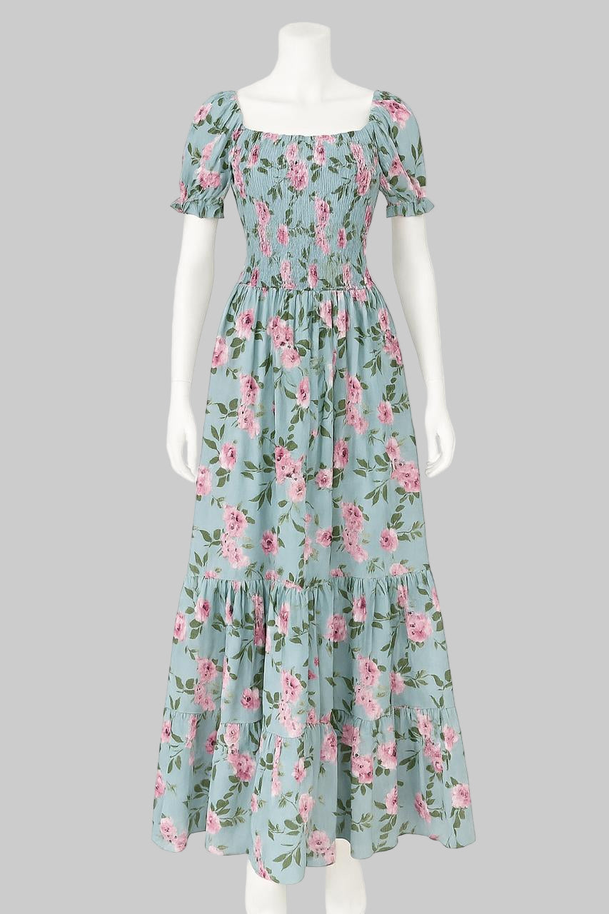 Women's steel blue printed sundress with puff sleeve