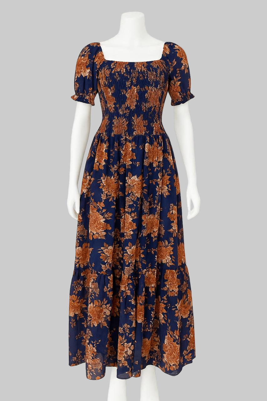 Women's navy blue leaf printed sundress with puff sleeve
