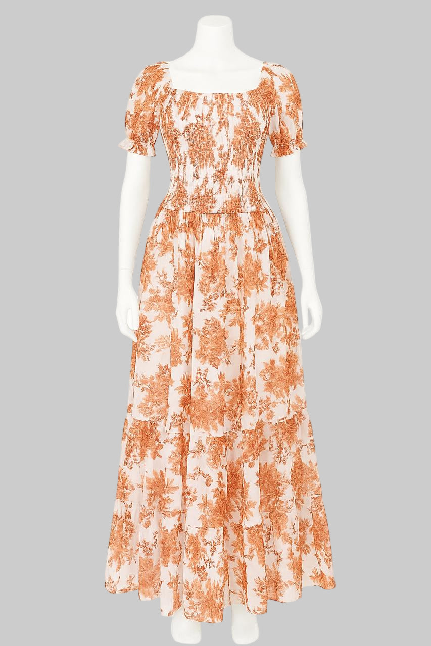 Women's orange & white printed sundress with puff sleeve