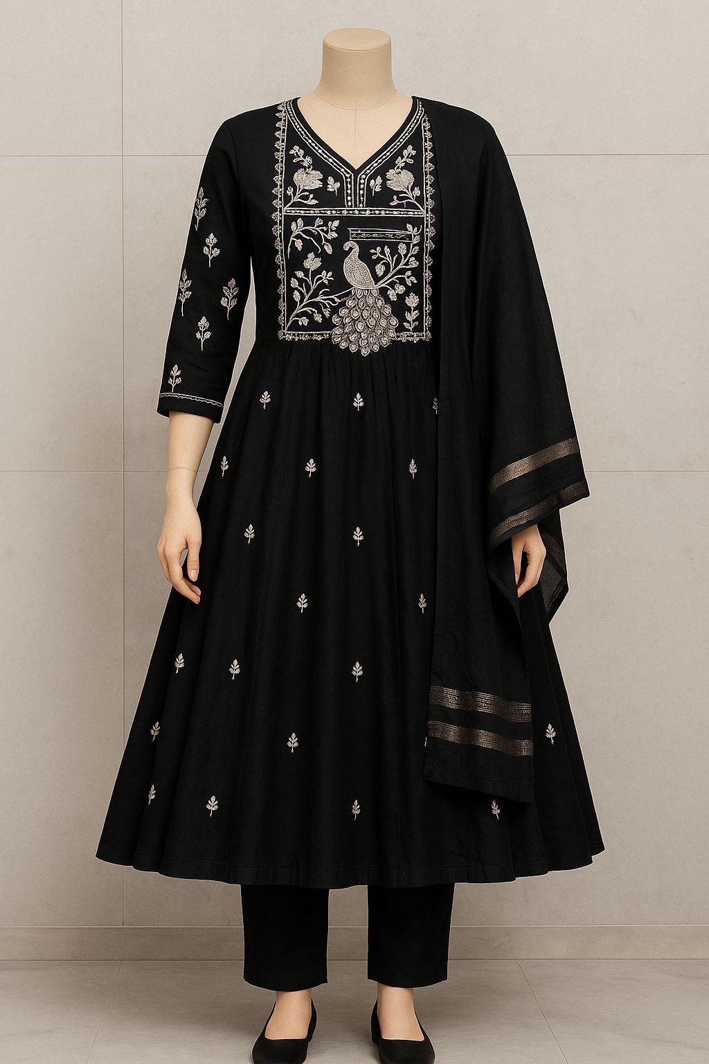 Black silk umbrella-cut peacock embroidered kurti set with dupatta & pants