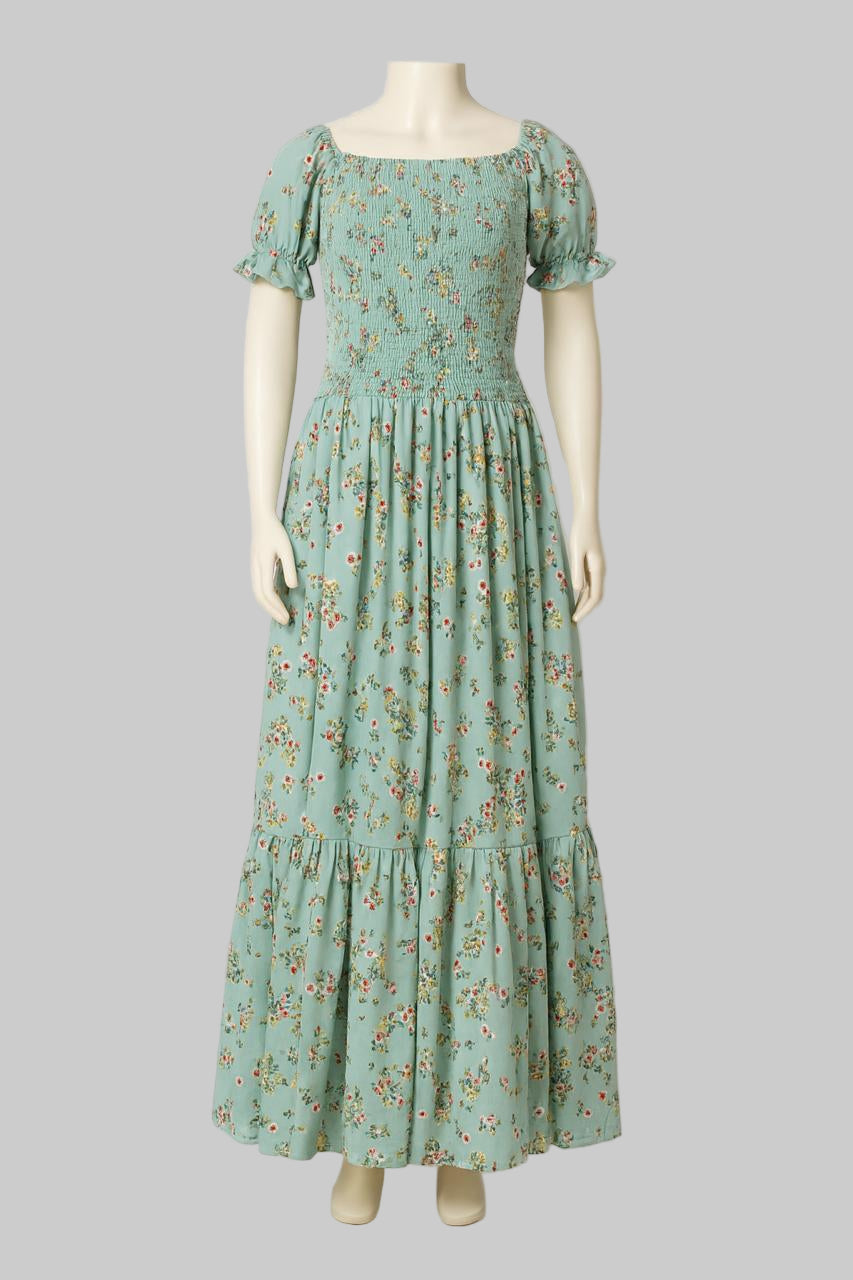 Women's matt blue printed sundress with puff sleeve