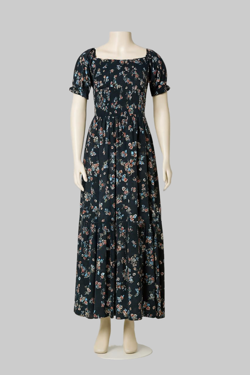 Women's black floral printed sundress with puff sleeve