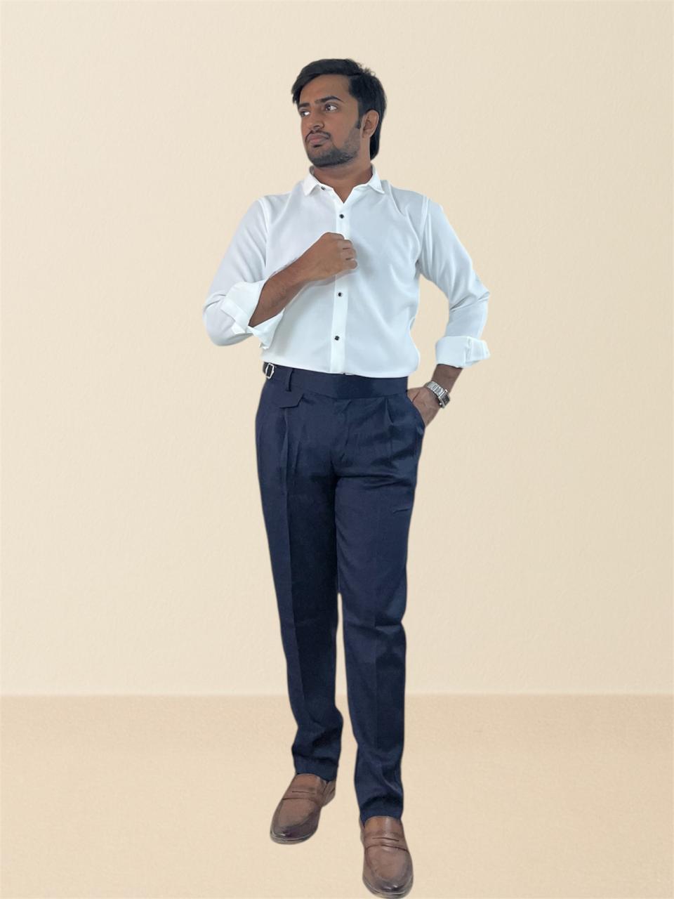 White linen shirt & Navy blue linen Gurkha pants set