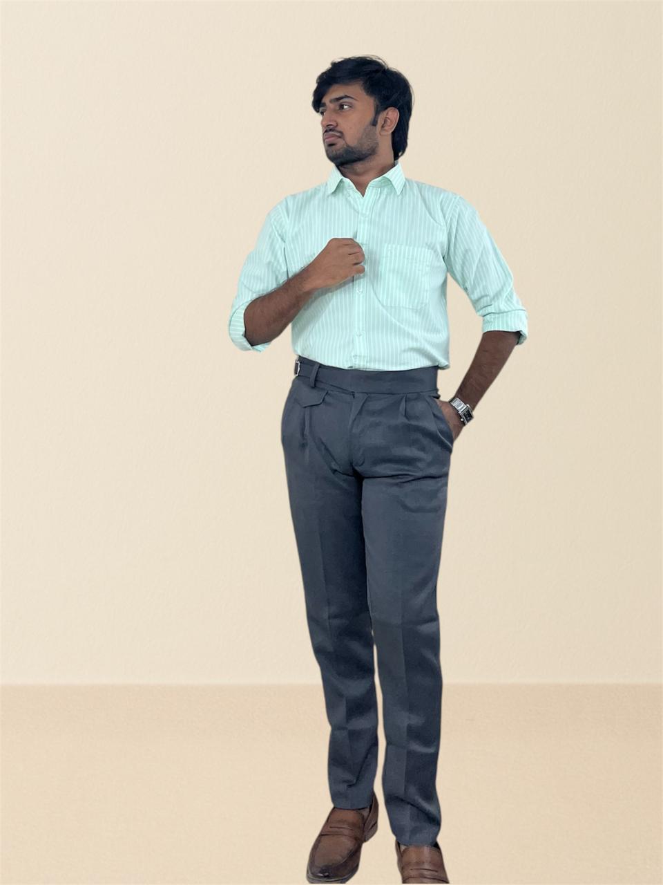 Mint green striped oxford shirt & grey linen Gurkha pants set