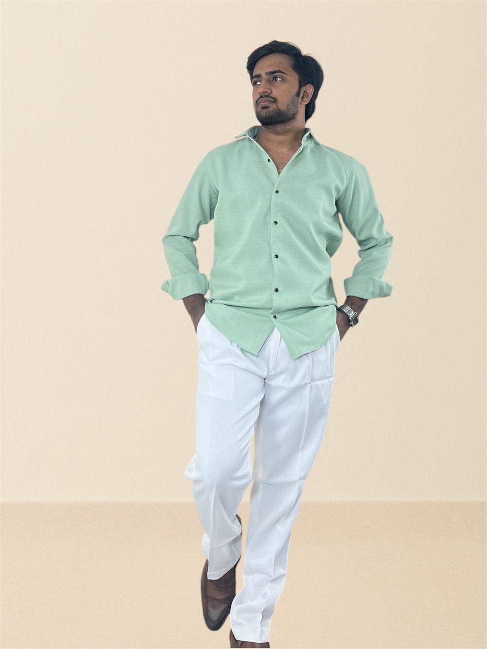 Pastel green linen shirt & white linen Gurkha pants set