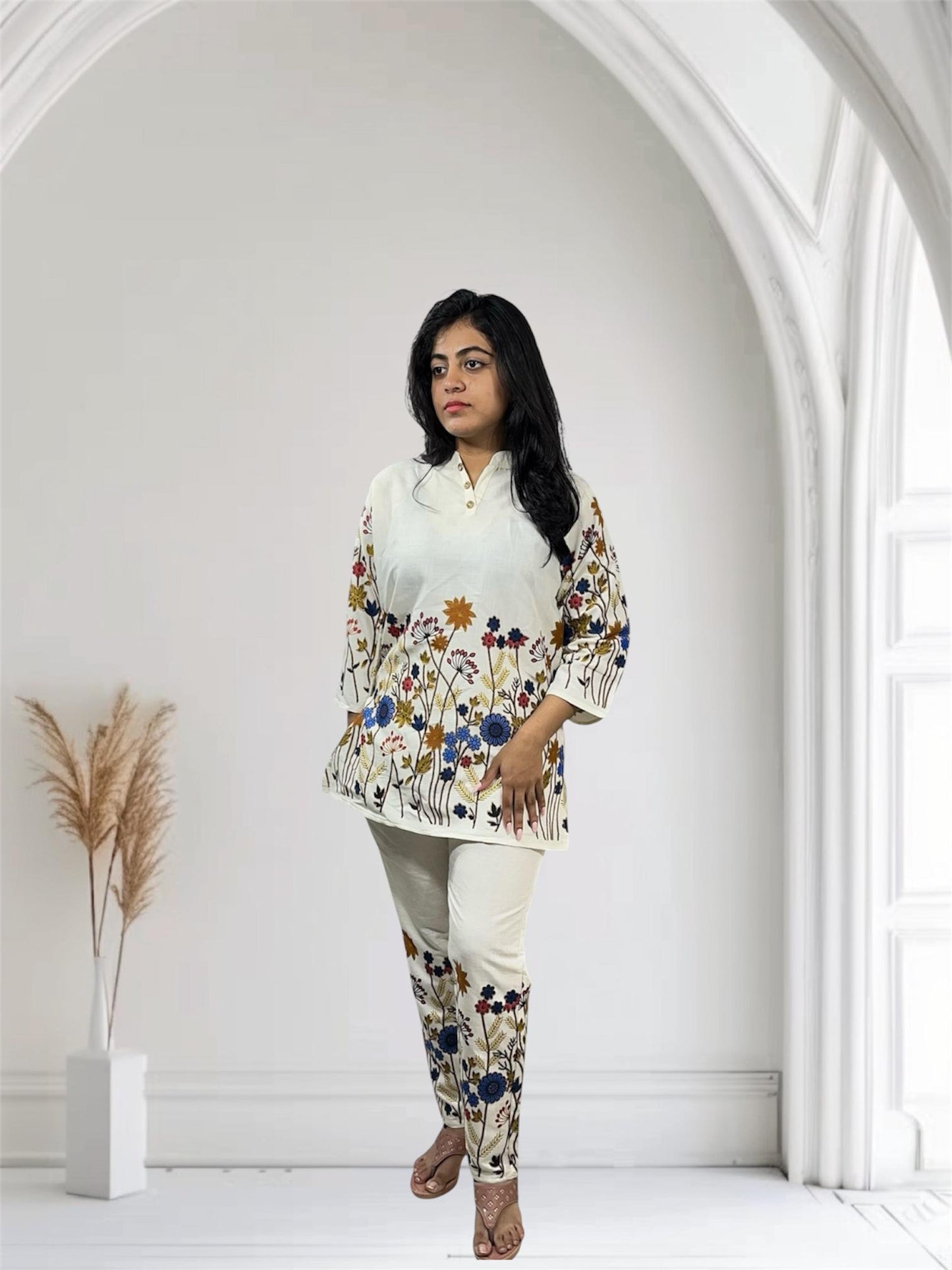 Elegant cream floral printed linen co-ords