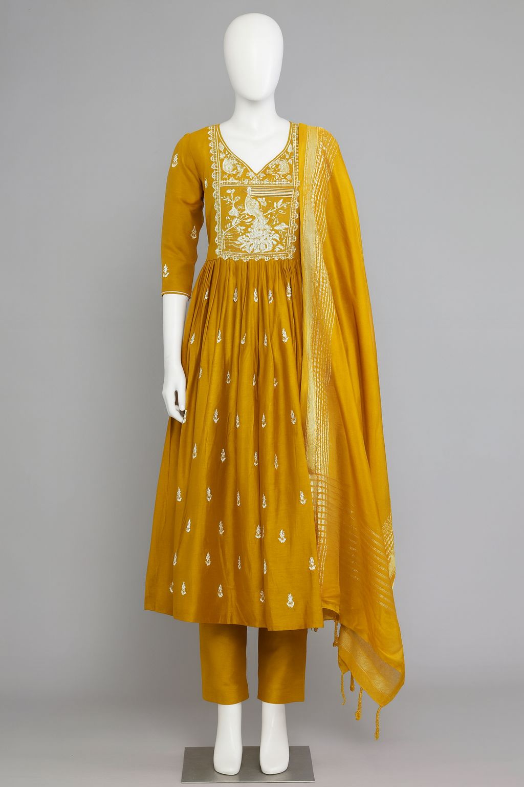Mustard gold shiny umbrella-cut peacock embroidered kurti set with printed dupatta and pants