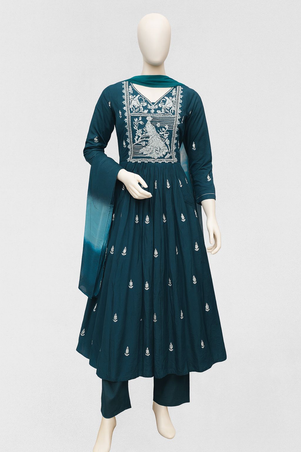 Dark teal shiny silk umbrella-cut with heavy peacock embroidered kurti set with printed dupatta & pants
