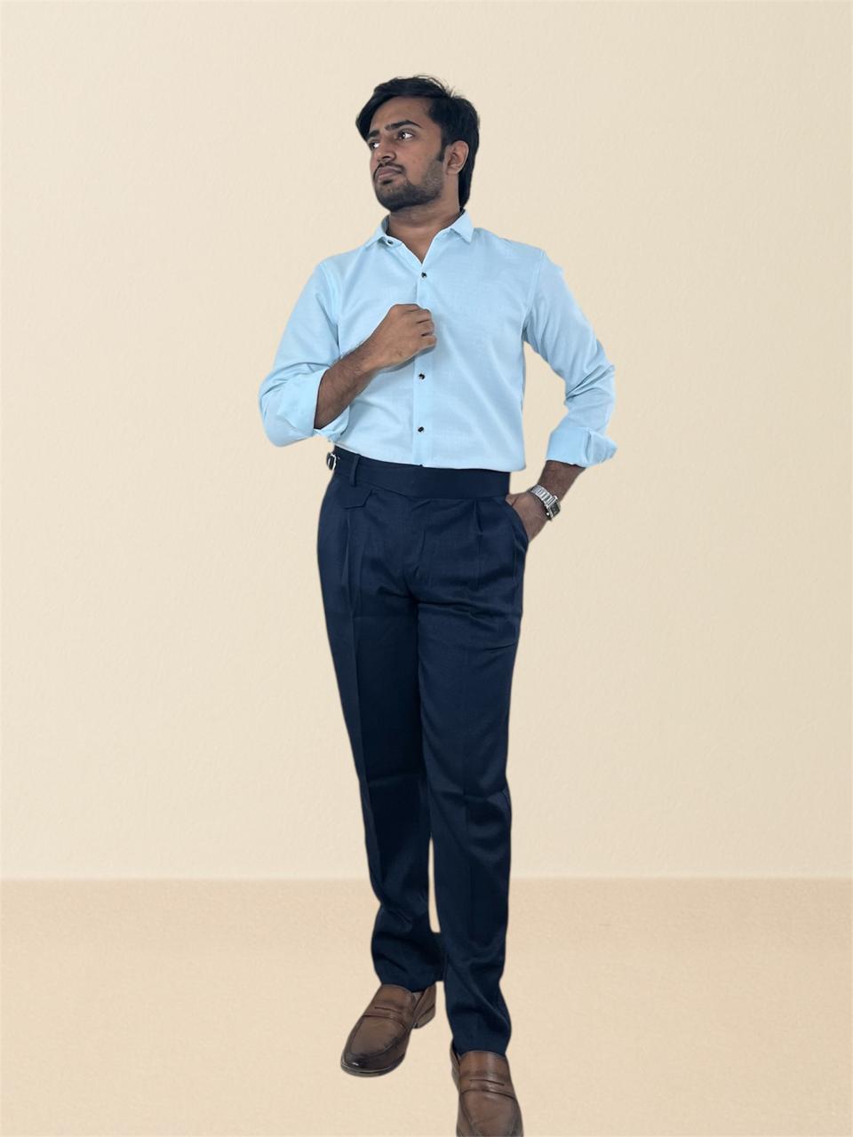 Pastel blue linen shirt & Navy blue linen Gurkha pants set