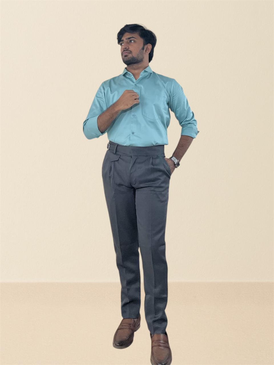 Sage green satin shirt & grey linen Gurkha pants set