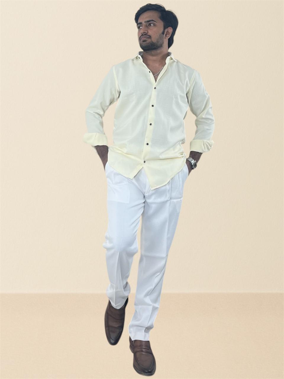 Pastel yellow linen shirt & White linen Gurkha pants set