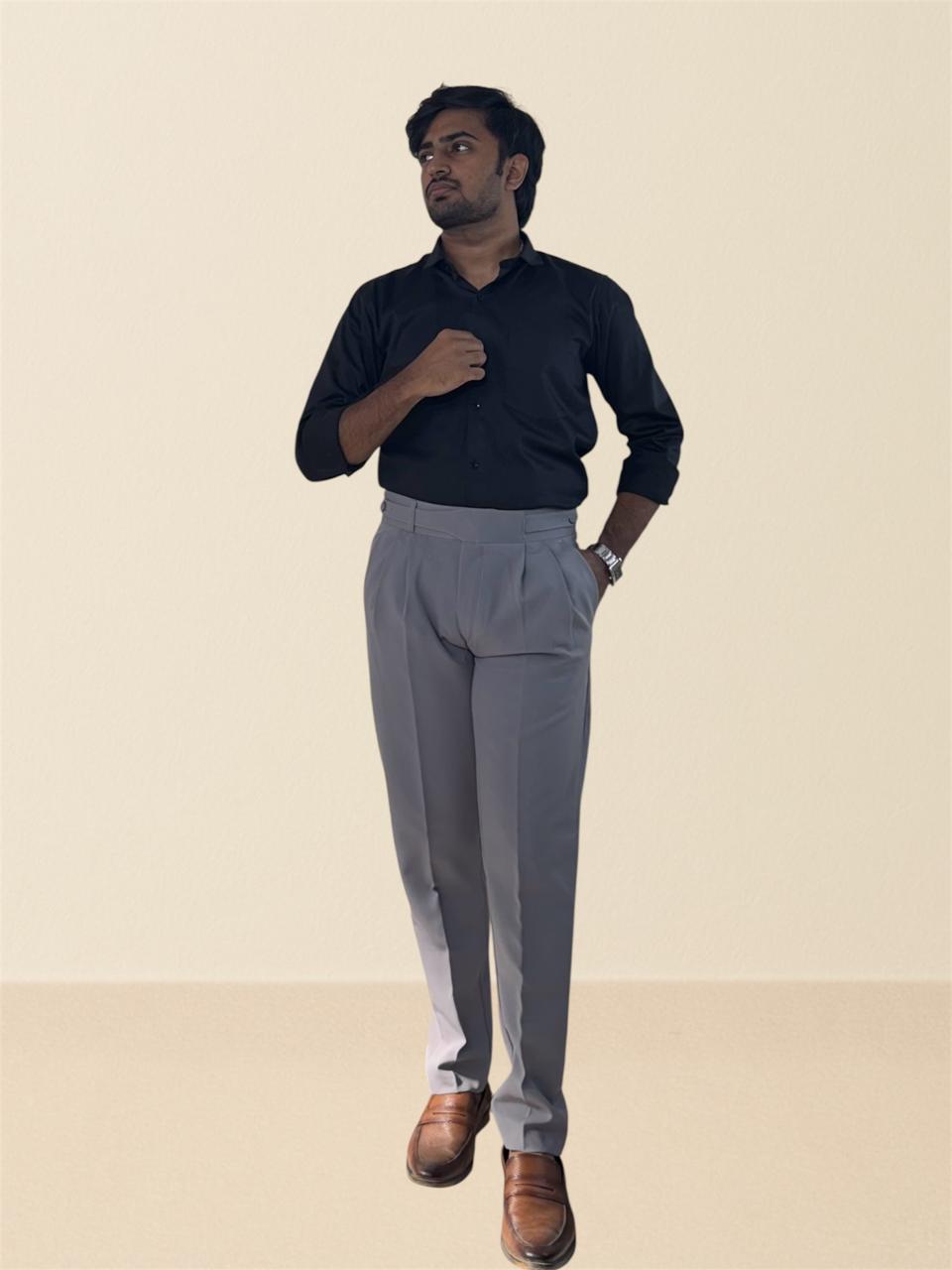 Stone grey double sided button gurkha pants for men